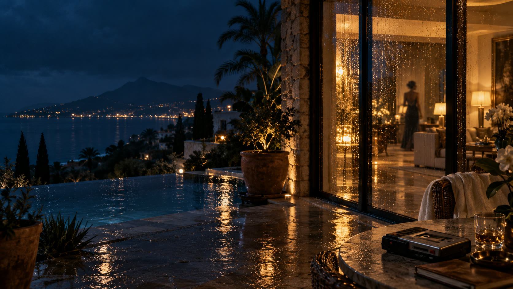 A Marbella villa seen through rain and amber light, evoking the mystery of Cassie Hour