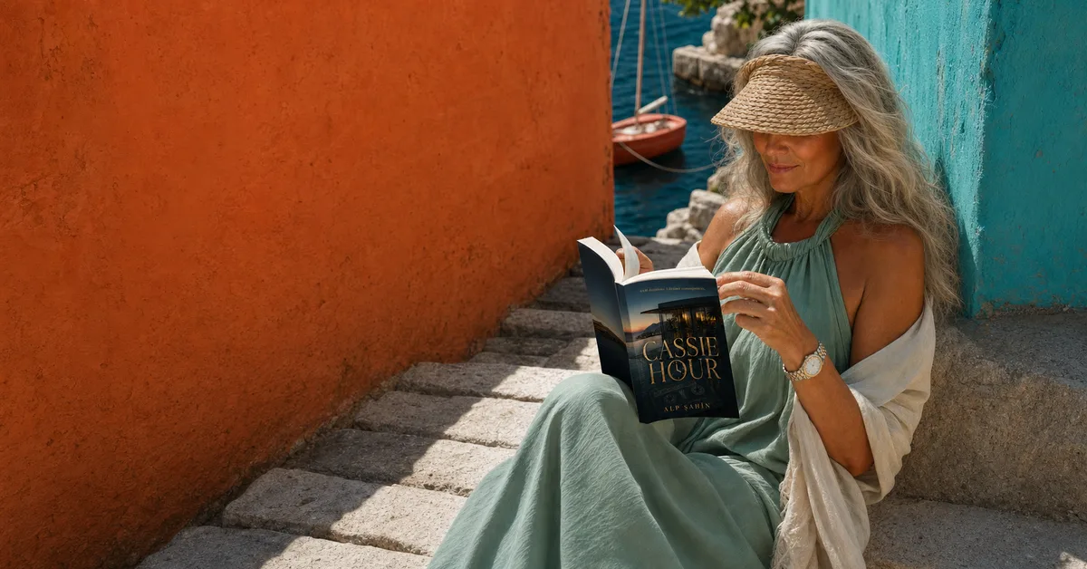 A reader holding Cassie Hour above a Mediterranean harbor