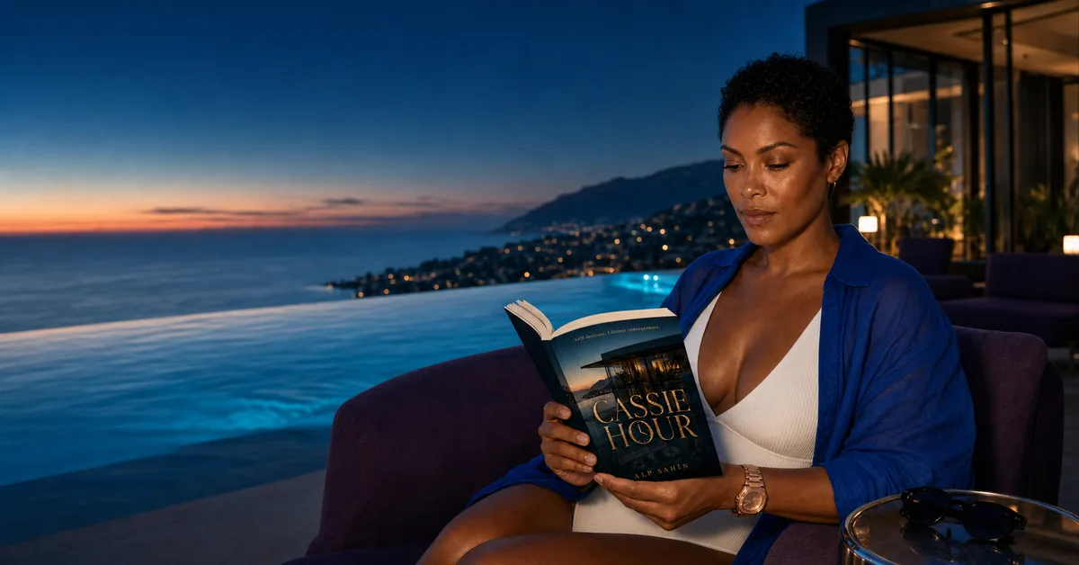 Cassie Hour being read beside a night pool above the coast