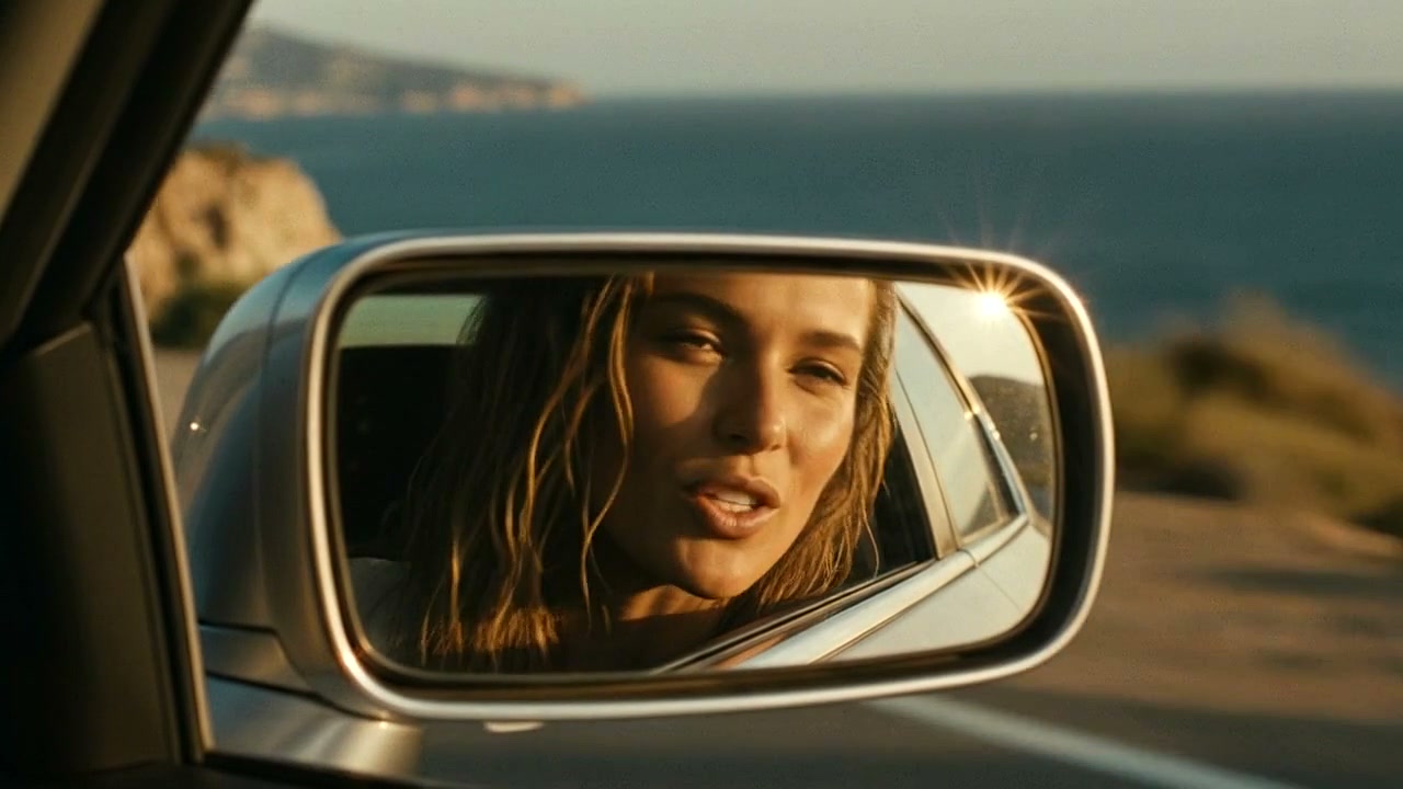 A reflected face in a car mirror from the Cassie Hour visual world