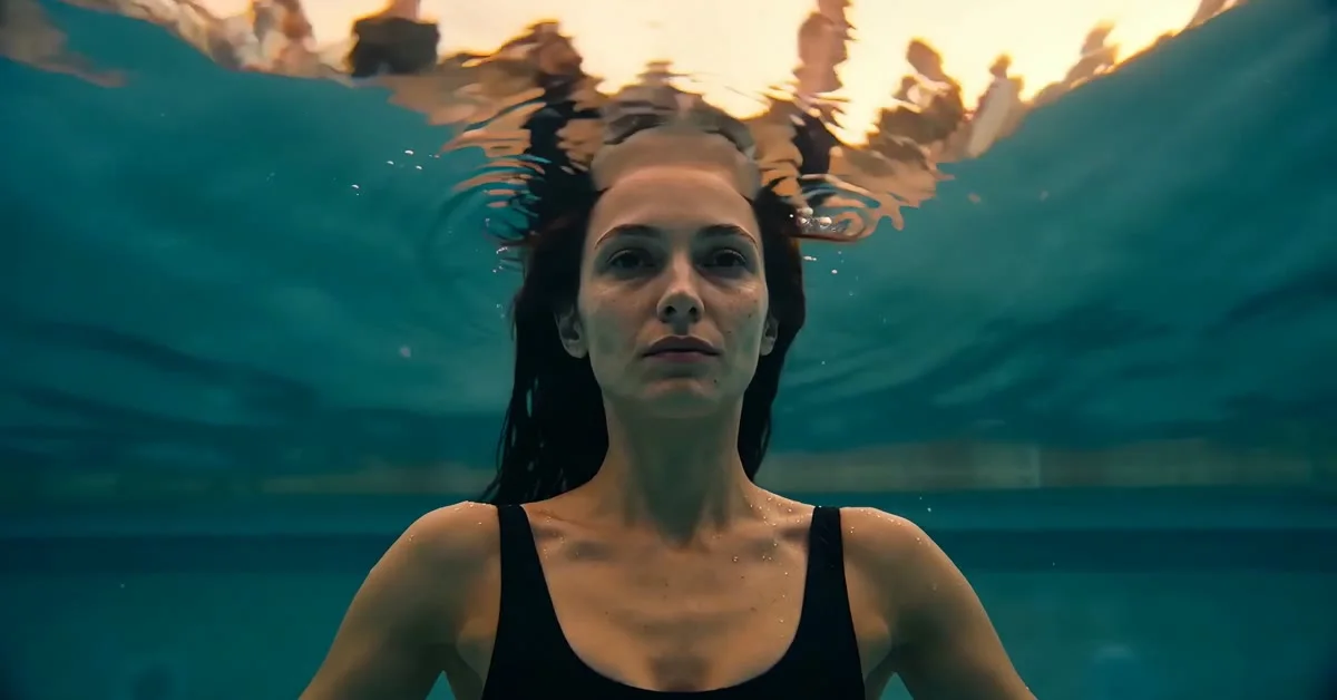 Cassie suspended underwater in a cinematic memory