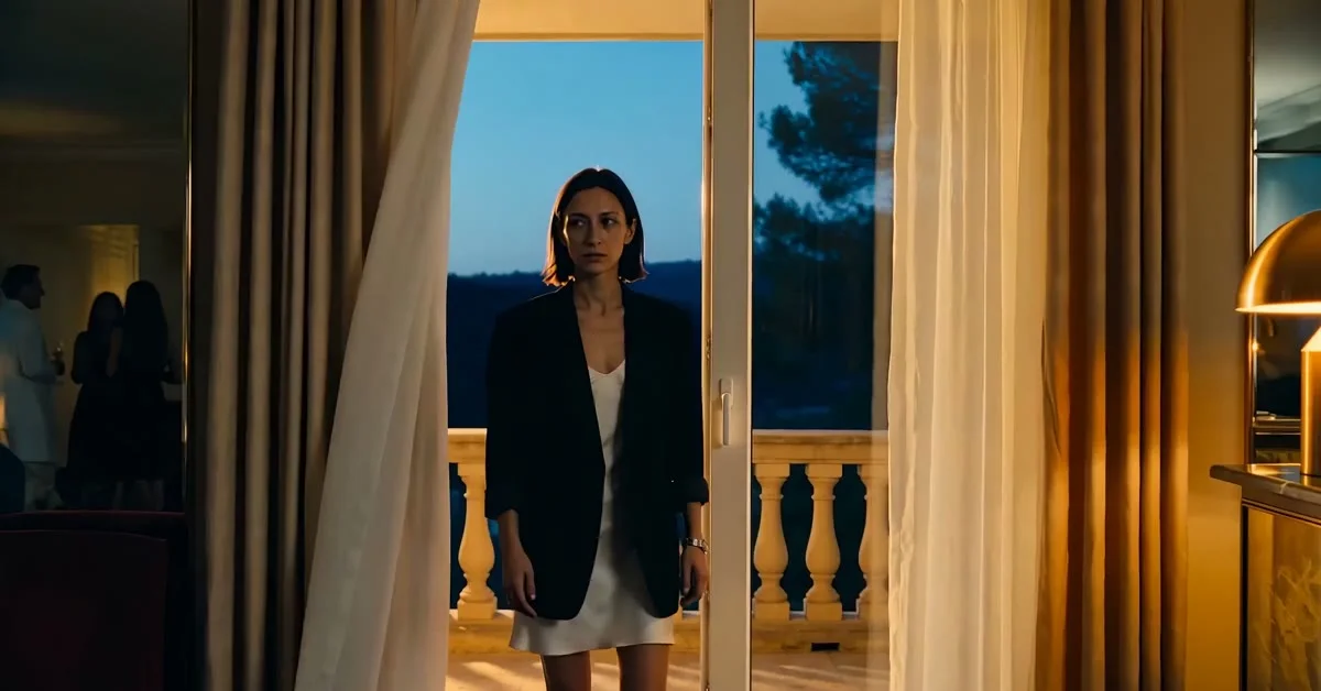 Cassie framed in the doorway of the Marbella villa