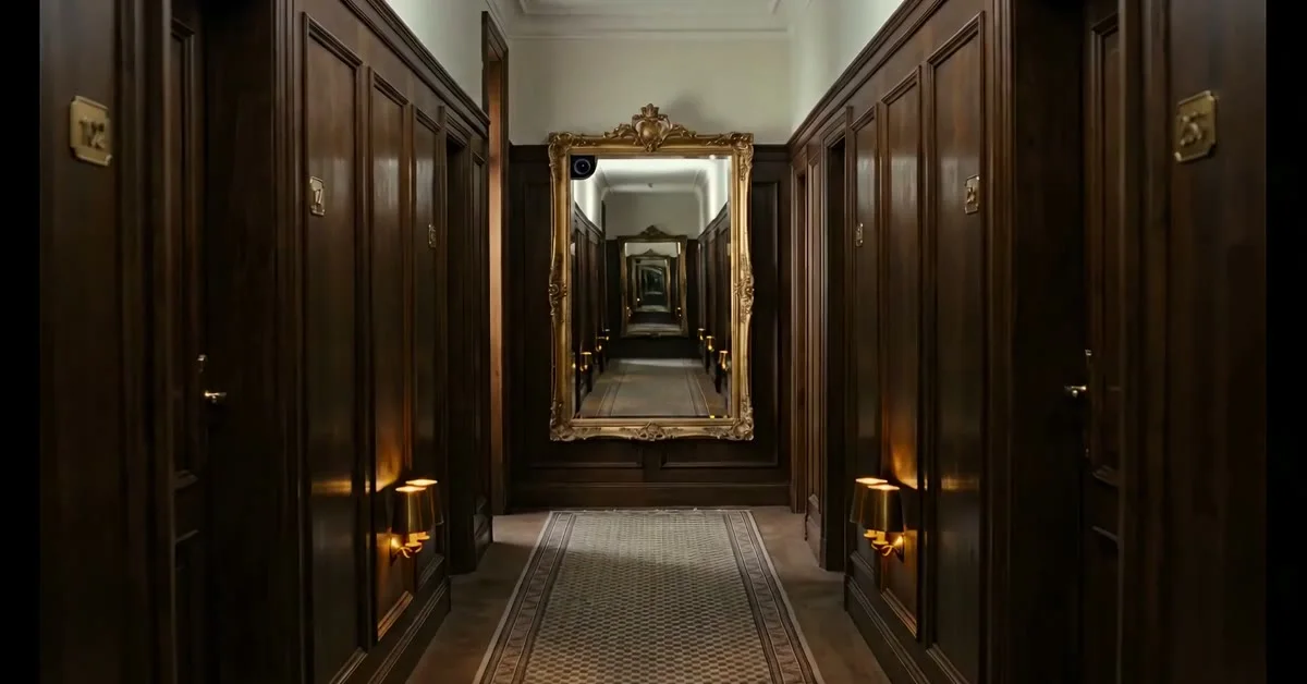 The long mirrored corridor of the Cassie Hour villa
