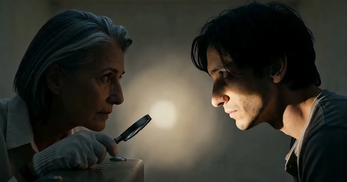 Two figures under interrogation light in Cassie Hour