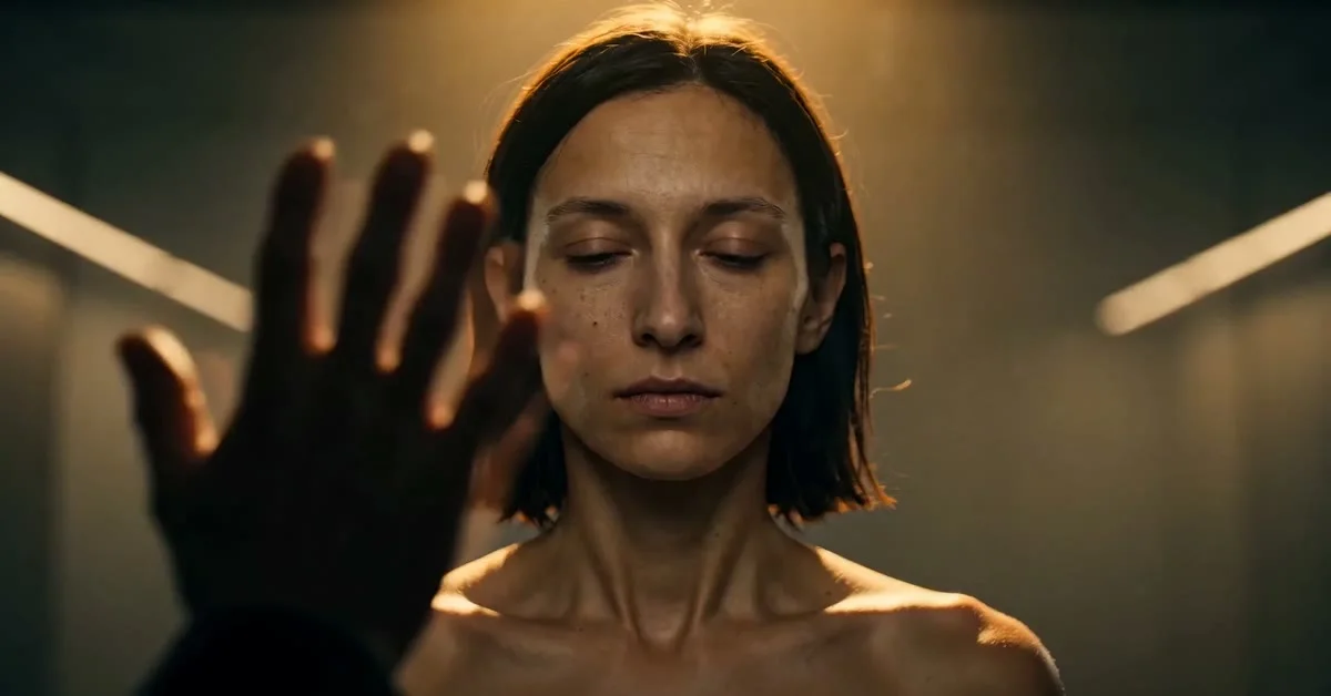 Cassie placing her hand against the mirror