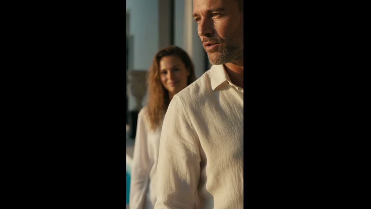 Cassie passing behind a man inside the villa
