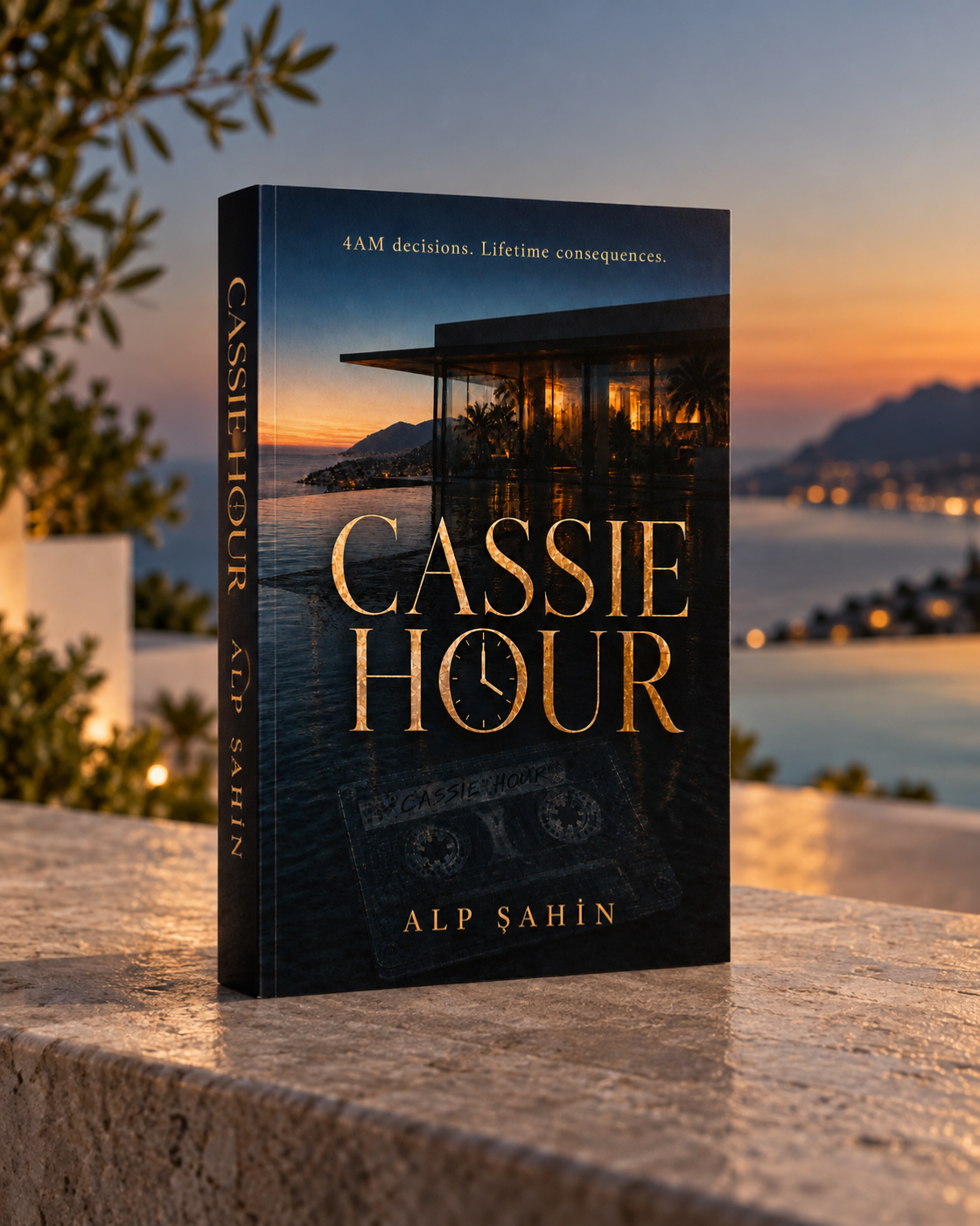 Cassie Hour book shown in a promotional dusk setting